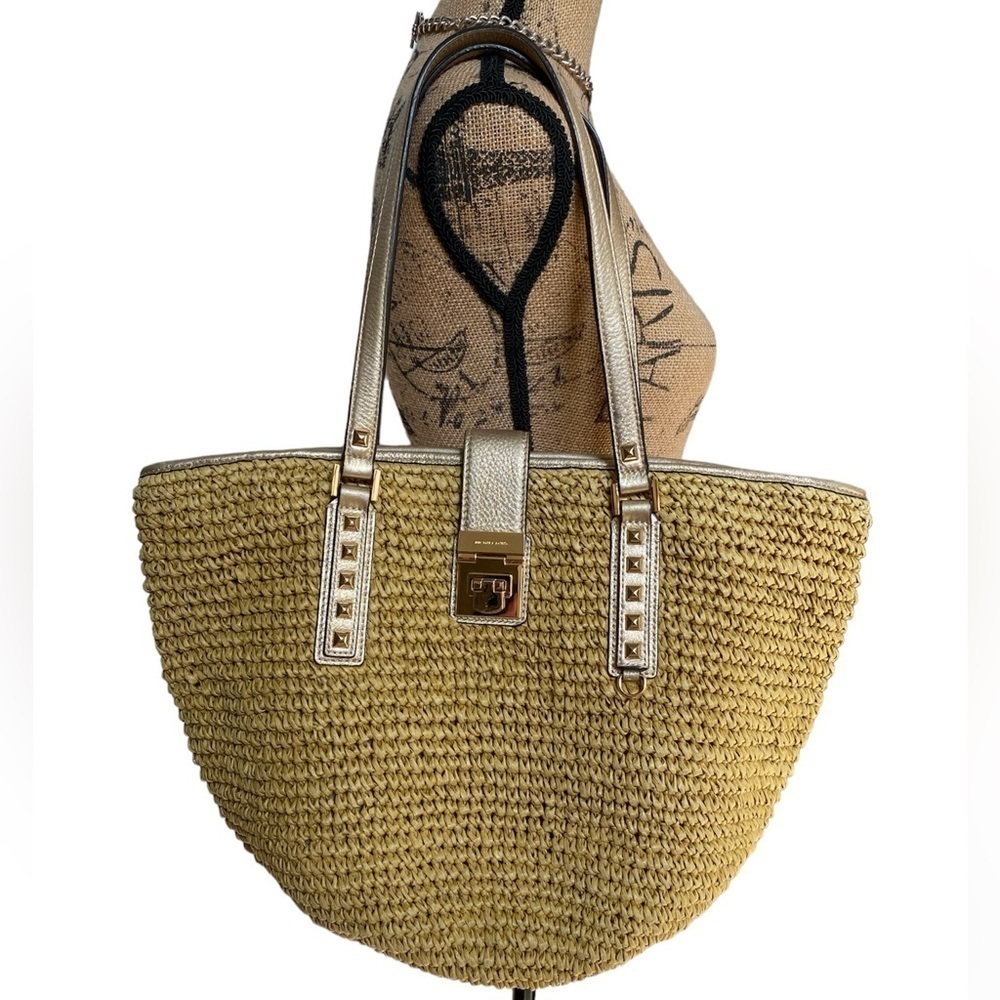 Michael Kors Large Raffia Shoulder Shopper Beach Tote Leather Handles Metal Stud